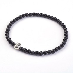 Black Agate Natural Black Agate Stretch Bracelets, with Alloy Buddha Beads, 2-1/8 inch(5.4cm)