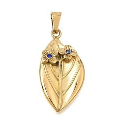 Sapphire 304 Stainless Steel with Rhinestone Pendants, with 201 Stainless Steel Snap On Bails, Ion Plating(IP), Leaf Charms, Golden, Sapphire, 33.5x16.5x4mm, Hole: 6x3.5mm