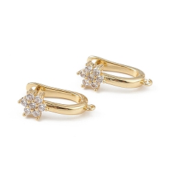 Real 18K Gold Plated Brass Flower Hoop Earring Findings, Latch Back with Clear Cubic Zirconia, Lead Free & Cadmium Free, Real 18K Gold Plated, 18x13x7mm, Hole: 1.2mm, Pin: 1mm