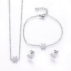 Stainless Steel Color 304 Stainless Steel Jewelry Sets, Pendant Necklaces & Stud Earrings & Bracelets, Snowflake, Stainless Steel Color, 16.54 inch(42cm), 7-1/8 inch(18cm), 10.5x9x1mm, Pin: 0.8mm