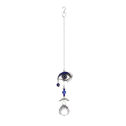 Antique Silver Alloy Eye Turkish Blue Evil Eye Pendant Decoration, with Crystal Ceiling Chandelier Ball Prisms, for Home Wall Hanging Amulet Ornament, Antique Silver, 305mm