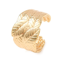 Golden 304 Stainless Steel Cuff Open Rings, Leaf, Ion Plating(IP), Golden, US Size 8 1/2(18.5mm)