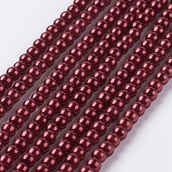 Red Eco-Friendly Dyed Glass Pearl Round Beads Strands, Grade A, Cotton Cord Threaded, Red, 3~3.5mm, Hole: 0.7~1.1mm, about 135pcs/strand, 15 inch