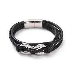 Stainless Steel Color Black Leather Braided Cord Multi-strand Bracelet with 304 Stainless Steel Magnetic Clasps, Infinity Link Punk Wristband for Men Women, Stainless Steel Color, 8-1/2 inch(21.5cm)