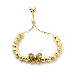 Olive Bracelets coulissants à perles rondes en laiton plaqué en rack pour femmes, bracelets réglables papillon en verre plaqué longue durée, sans nickel et sans plomb, réel 18 k plaqué or, olive, diamètre intérieur : 1-1/2~2-7/8 pouces (3.7~7.2 cm)