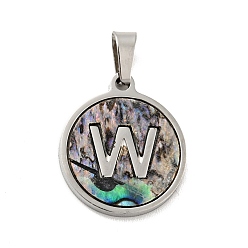 Letter W 304 Stainless Steel with Paua Shell Pendants, Stainless Steel Color, Flat Round with Letter Charm, Letter.W, 18x16x1.5mm, Hole: 3x6mm