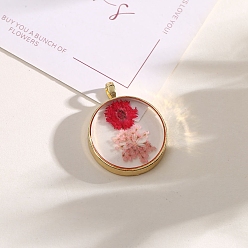Red Inner Dried Flower Resin Pendants, with Alloy Finding, Flat Round Charm, Red, 30x24mm