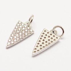 Real Platinum Plated Brass Micro Pave Grade AAA Cubic Zirconia Charms, Long-Lasting Plated, Triangle, Cadmium Free & Nickel Free & Lead Free, Real Platinum Plated, 15x8x1.5mm, Hole: 3mm