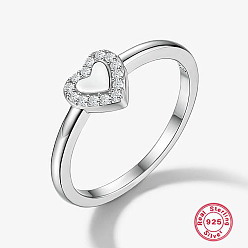 Clear Rhodium Plated Platinum 925 Sterling Silver Finger Rings, Heart, Clear, Inner Diameter: 16mm