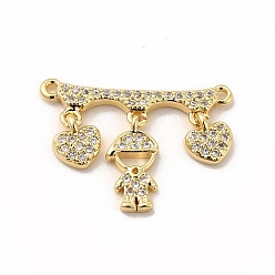 Human Rack Plating Brass Micro Pave Clear Cubic Zirconia Heart Connector Charms, Cadmium Free & Lead Free, Real 18K Gold Plated, Boy Pattern, 16x22x2mm, Hole: 1mm