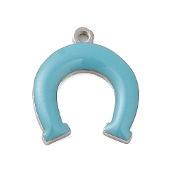 Dark Turquoise 304 Stainless Steel Charms, with Enamel, Stainless Steel Color, Horseshoe Charm, Dark Turquoise, 11.6x10x1.3mm, Hole: 0.8mm