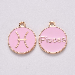 Pisces Alloy Enamel Pendants, Cadmium Free & Lead Free, Flat Round with Constellation, Light Gold, Pink, Pisces, 15x12x2mm, Hole: 1.5mm