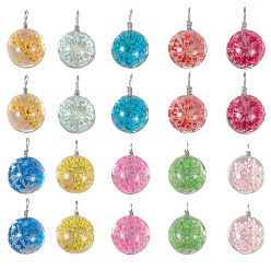 Mixed Color 20Pcs 10 Colors Transparent Glass Pendants, with Dried Flower inside and Stainless Steel Finding, Flat Round, Mixed Color, 23.5x15x12mm, Hole: 1.5mm, 2pcs/color