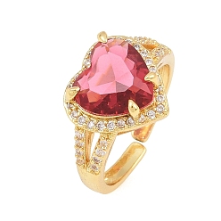 Cerise Heart Brass Micro Pave Cubic Zirconia Cuff Open Rings for Women, with Glass, Cadmium Free & Lead Free, Rack Plating, Real 18K Gold Plated, Cerise, 18mm
