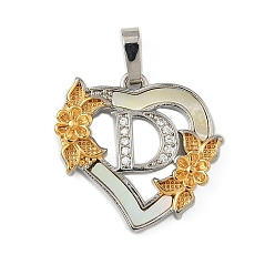 Letter D Латунь микропаве фианиты с подвесками-ракушками, Сердце и письмо, долговечный, без свинца и без кадмия, стойки покрытие, Буква D, 20x20.5x3 мм, отверстие : 3.5x5 мм