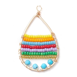Colorful Dyed Natural Magnesite & Glass Seed Beaded Pendants, Teardrop Charms, Colorful, 43.5x26x3.5mm, Hole: 2.5mm
