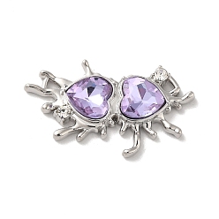 Purple Alloy Connector Charms, Melting Heart Links with Glass, Lead Free & Cadmium Free, Platinum, Purple, 24x40x6mm, Hole: 2.6x2mm and 2.6x2.8mm
