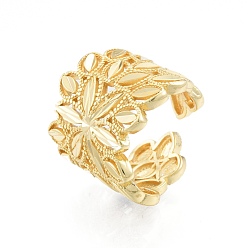 Golden Brass Flower Open Cuff Ring, Hollow Chunky Ring for Women, Golden, Inner Diameter: 15~17.5mm
