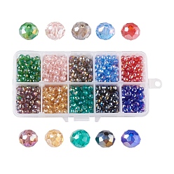 Mixed Color 10 Colors Electroplate Glass Beads, AB Color Plated, Faceted, Rondelle, Mixed Color, 6x4mm, Hole: 1.4mm, 100pcs/compartment, 1000pcs/box