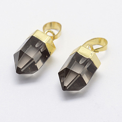 Smoky Quartz Dyed Natural Smoky Quartz Pointed Charms, with Brass Findings, Long-Lasting Plated, Bullet, Golden, 15x6~6.5mm, Hole: 3.5x6mm