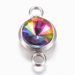Colorful Glass Links connectors, Faceted, with 304 Stainless Steel Findings, Flat Round, Stainless Steel Color, Colorful, 17.5x10x6.5mm, Hole: 2.5mm