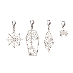 Stainless Steel Color Halloween Theme 201 Stainless Steel Pendant Decorations, with 304 Stainless Steel Lobster Claw Clasps, Spider & Spider Web, Stainless Steel Color, 25~59mm