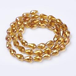 Dark Goldenrod Electroplate Glass Beads Strands, AB Color Plated, Faceted Teardrop, Dark Goldenrod, 15x10mm, Hole: 1mm, 50pcs/strand, 27.1 inch
