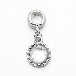 Clear Platinum Plated Alloy Acrylic Rhinestone Large Hole European Dangle Flat Round Charms, Clear, 27mm, Hole: 5mm