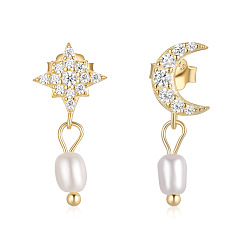 golden Chic Sterling Silver Earrings with Diamonds and Pearls - Star & Moon Dangle Drop Ear Studs