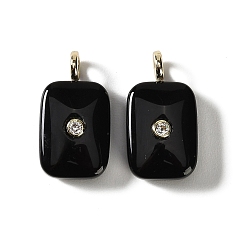 Obsidian Natural Obsidian Pendants, Rectangle Charms with Brass Micro Pave Cubic Zirconia Findings, Golden, 33.5x19.5x9.5mm, Hole: 3.5mm