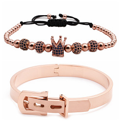 Rose Gold Blue Zircon Crown Set Stainless Steel Bracelet with Crown Charm and Adjustable Braided Bead Chain Set