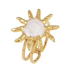 Белый Сердце солнце 304 эмалированные перстни из нержавеющей стали для женщин, ионное покрытие (ip), реальный 18 k позолоченный, белые, сердце солнце: 19.5x19мм, размер США 6 (16.5 мм)