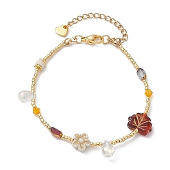 Colorful Glass Seed & Plastic Pearl Beaded Bracelet for Women, Flower & Leaf & Teardrop, Colorful, 7-1/2 inch(19cm)