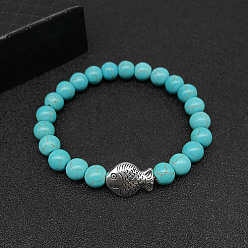 Fish Bracelets extensibles turquoise synthétique pour femmes et hommes, avec des perles en alliage d'animaux de style tibétain, poisson, pas de taille