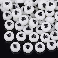 Creamy White Luminous Acrylic Beads, Flat Round with Heart, Creamy White, 7x3.5~4mm, Hole: 1.2mm, about 3590pcs/500g