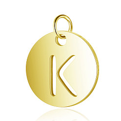 Letter K 304 Stainless Steel Charms, Flat Round with Letter, Golden, Letter.K, 12x1mm, Hole: 2.5mm