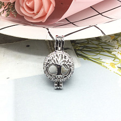 Platinum Brass Bead Cage Pendants, with Clear Cubic Zirconia, Tree of Life Charm, for Chime Ball Pendant Necklaces Making, Platinum, 25x15mm