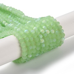 Light Green Imitation Jade Glass Beads Strands, Faceted, Frosted, Half AB Color Plated, Rondelle, Light Green, 4~4.5x3.5~4mm, Hole: 1mm, about 117~121pcs/strand, 16.61~16.73 inch(42.2~42.5cm)
