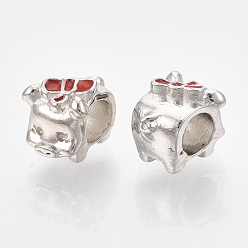 Platinum Alloy European Beads, with Red Enamel, Large Hole Beads, Piggy with Bowknot, Platinum, 9x11x8.5mm, Hole: 5mm