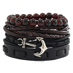Black 4Pcs 4 Style Leather Cord Bracelets Set, Glass Beaded Stackable Bracelets with Alloy Anchor Clasps, Black, Inner Diameter: 2-1/2 inch(6.5cm), 1Pc/style