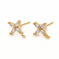 Golden Brass Stud Earring Findings, with Loops, Clear Cubic Zirconia and Ear Nuts, Flower, Golden, 10.5x8mm, Hole: 1.4mm, Pin: 0.9mm