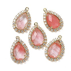 Вишневый Кварц Подвески из вишневого кварцевого стекла с огранкой в виде капли, подвески-капли из латуни с микропаве из прозрачного кубического циркония, золотые, 25x16.5x5.5 мм, отверстие : 1.4 мм