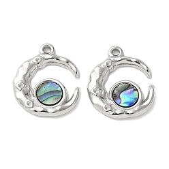 Нержавеющая Сталь Цвет Луна прелести, 304 подвески из натуральной ракушки пауа из нержавеющей стали/белой ракушки, цвет нержавеющей стали, 19x16.5x2 мм, отверстие : 1.5 мм