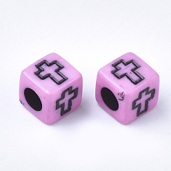 Pink Acrylic Beads, Cube with Cross, Pink, 6x6x6mm, Hole: 3mm, about 30000pcs/5000g