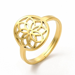Real 18K Gold Plated Ion Plating(IP) 304 Stainless Steel Flower Adjustable Ring for Women, Real 18K Gold Plated, US Size 6(16.5mm)