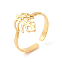 Real 18K Gold Plated Ion Plating(IP) 304 Stainless Steel Cuff Rings, Monstera Leaf Open Finger Rings for Women Men, Real 18K Gold Plated, 2.5~14mm, Inner Diameter: US Size 7 1/4(17.6mm)