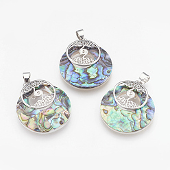 Paua Shell Natural Paua Shell Pendants, with Platinum Tone Brass Findings, Flat Round with Tree of Life, 32x28x6mm, Hole: 4x5mm
