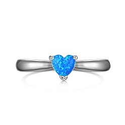 Real Platinum Plated Heart Rhodium Plated 925 Sterling Silver Finger Rings, with Synthetic Opal, Real Platinum Plated, US Size 7 1/4(17.5mm)
