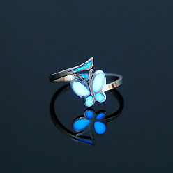 Stainless Steel Color Glow in the Dark Luminous Stainless Steel Butterfly Finger Ring, with Enamel, Stainless Steel Color, Inner Diameter: 18mm