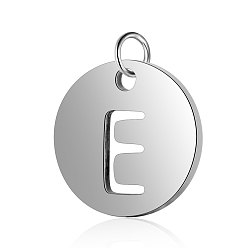 Letter E 304 Stainless Steel Charms, Flat Round with Letter, Stainless Steel Color, Letter.E, 12x1mm, Hole: 2.5mm